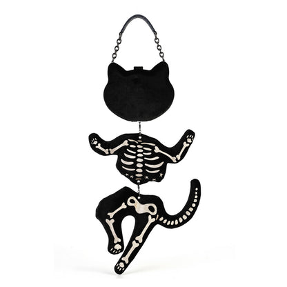 A black cat-shaped handbag with a skeleton motif, featuring a black cat head and ears, a skeleton body, and a black chain handle, shown against a plain white background.