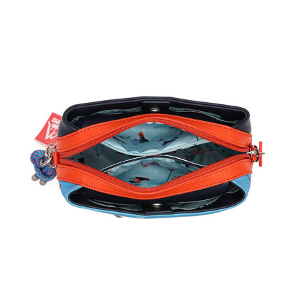 An open zippered pouch or small bag shown from above on a white background. The exterior is light blue and black, with a bright orange zipper running across the top.