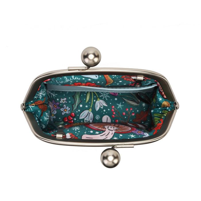 A compact clip-frame purse that can also be worn as a mini crossbody with the detachable chain strap. Embroidery, appliqué and internal card slots combine with snowy toadstool houses, fairy doors, winter trees, rabbits and snowflakes in a small but versatile design.