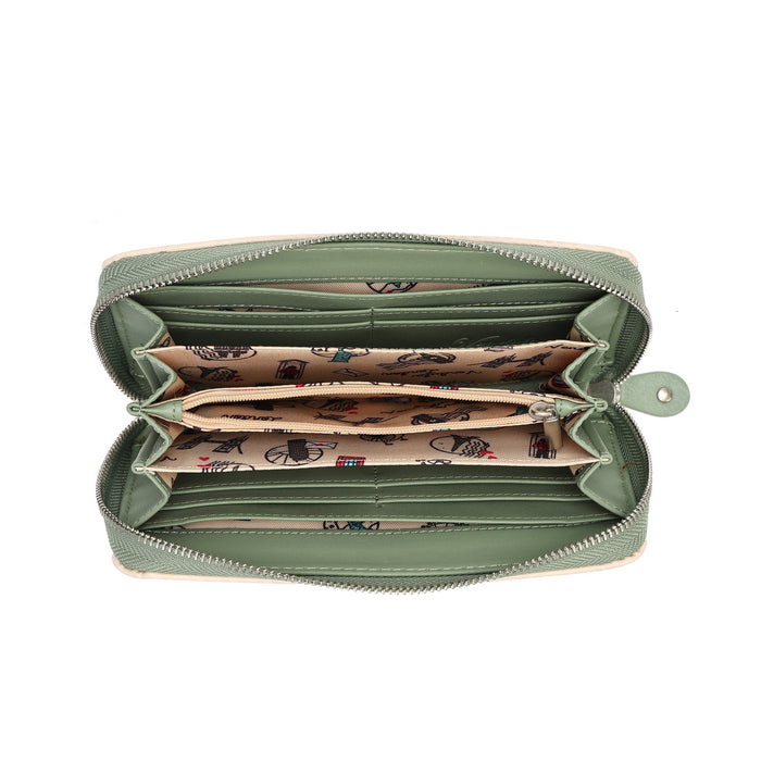 An open sage green zip-around wallet with multiple interior card slots and a beige patterned lining featuring a bicycle motif, shown on a plain white background.