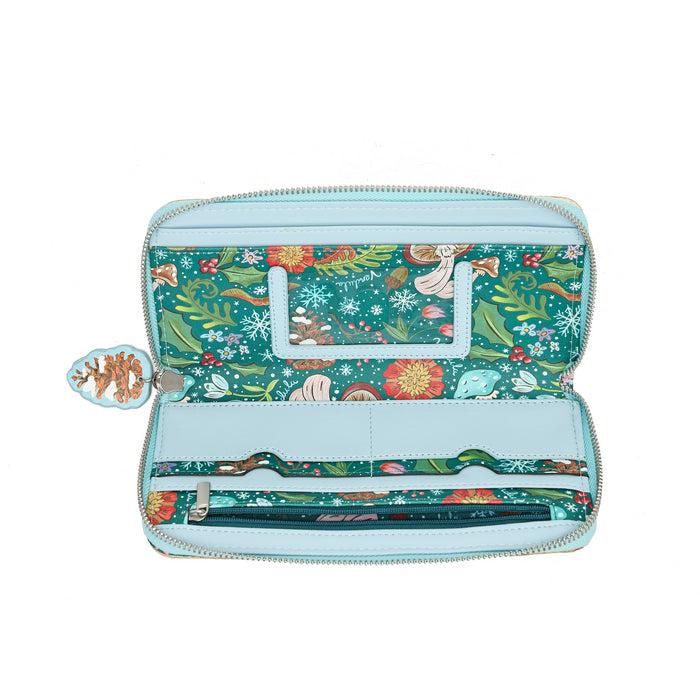 A small rectangular shoulder bag with a silver chain strap, featuring a colorful whimsical illustration of a fairy tale forest with mushrooms, a bluebird, and a fox on a white background.