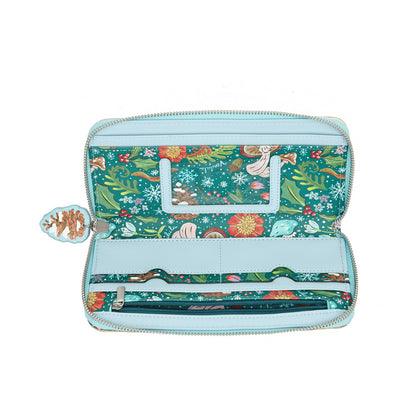 A small rectangular shoulder bag with a silver chain strap, featuring a colorful whimsical illustration of a fairy tale forest with mushrooms, a bluebird, and a fox on a white background.