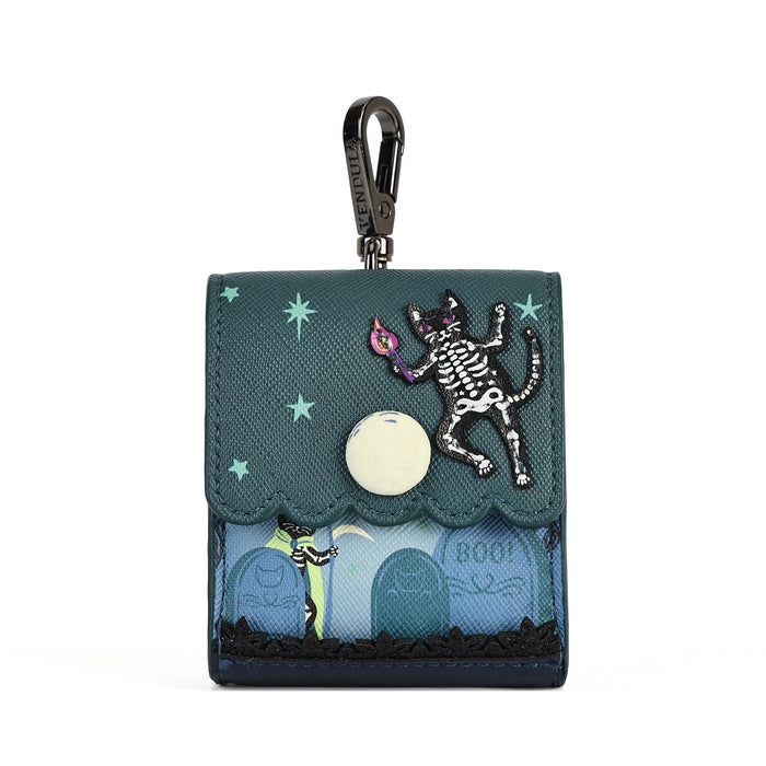 A small dark teal wallet or card holder with a halloween-themed printed design featuring a skeleton cat, stars, tombstones, and a moon, attached to a black carabiner clip.