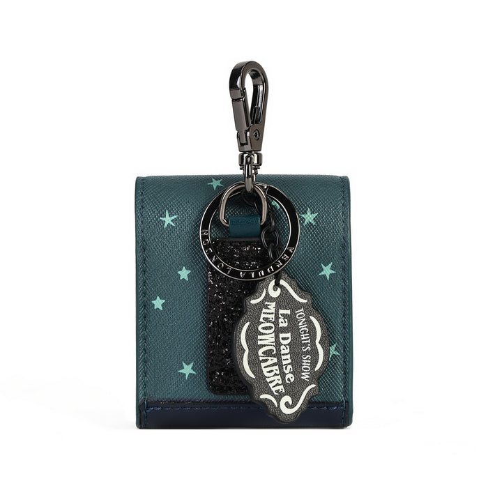 A dark teal textured leather keychain holder with light blue star accents, featuring a black carabiner and a black glittery charm with a silver 'Halloween' tag.