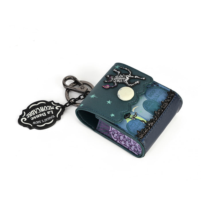 A small decorative wallet or card holder with a chain keychain, shown on a plain white background. The wallet is dark teal with a scalloped edge, a snap button, a silver-toned metal charm, and a black embroidered decorative patch.