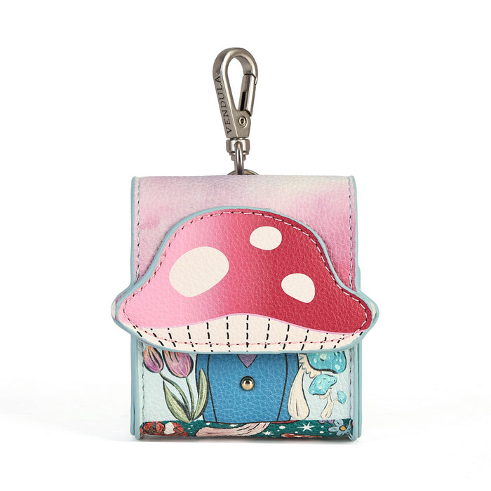 A small square leather card holder or wallet with a whimsical mushroom house design, featuring a pink and red mushroom cap on the front, a blue house body, and a silver carabiner clip at the top.