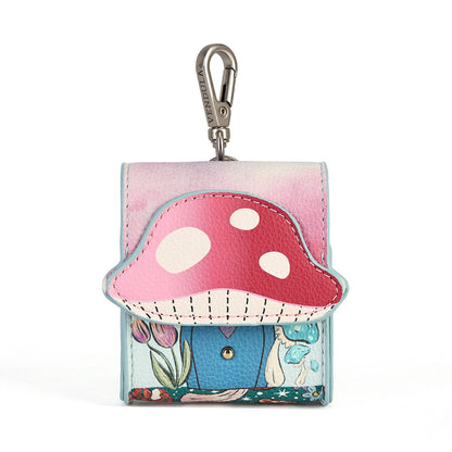 A small square leather card holder or wallet with a whimsical mushroom house design, featuring a pink and red mushroom cap on the front, a blue house body, and a silver carabiner clip at the top.