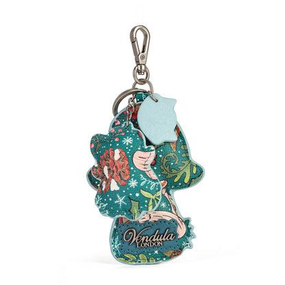 A small decorative charm made for attaching to keys or bags. Printed and embossed vegan leather features snowy toadstool houses, fairy doors, winter trees, rabbits and snowflakes, finished with a secure clip and split ring.