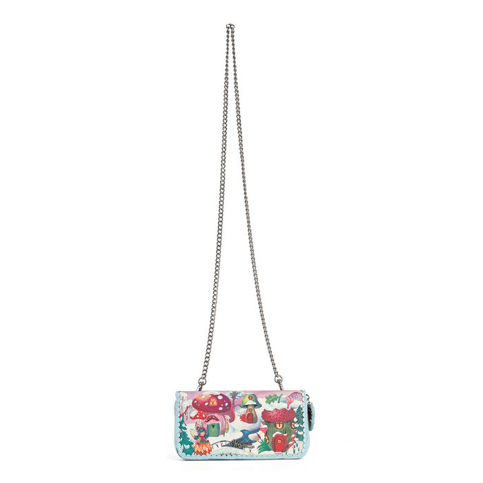 A small rectangular shoulder bag with a silver chain strap, featuring a colorful whimsical illustration of a fairy tale forest with mushrooms, a bluebird, and a fox on a white background.