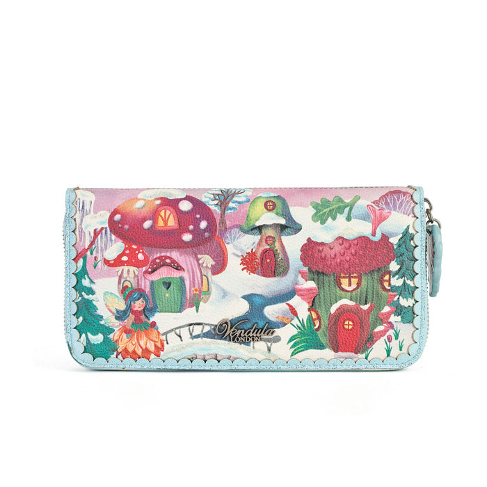 A rectangular zip-around wallet with a whimsical winter woodland illustration, featuring mushroom houses, a fairy, snowy trees, and the brand name 'Kerula' printed near the bottom center.