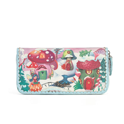 A rectangular zip-around wallet with a whimsical winter woodland illustration, featuring mushroom houses, a fairy, snowy trees, and the brand name 'Kerula' printed near the bottom center.