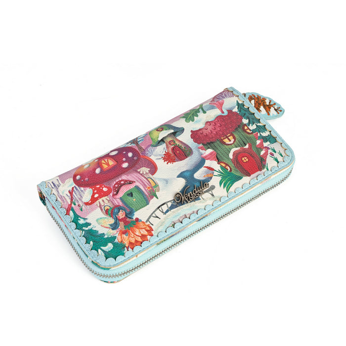 A zip-around wallet featuring a whimsical fairy tale forest print with colorful mushrooms, houses, and a blue border, shown on a plain white background.
