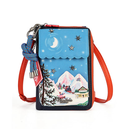compact organiser with a front phone pocket, ziparound compartment, multiple internal pockets, mirror and detachable crossbody strap. Embroidery and appliqué add texture to artwork featuring snowy peaks, chalet scenes, gondolas and ski-route details.