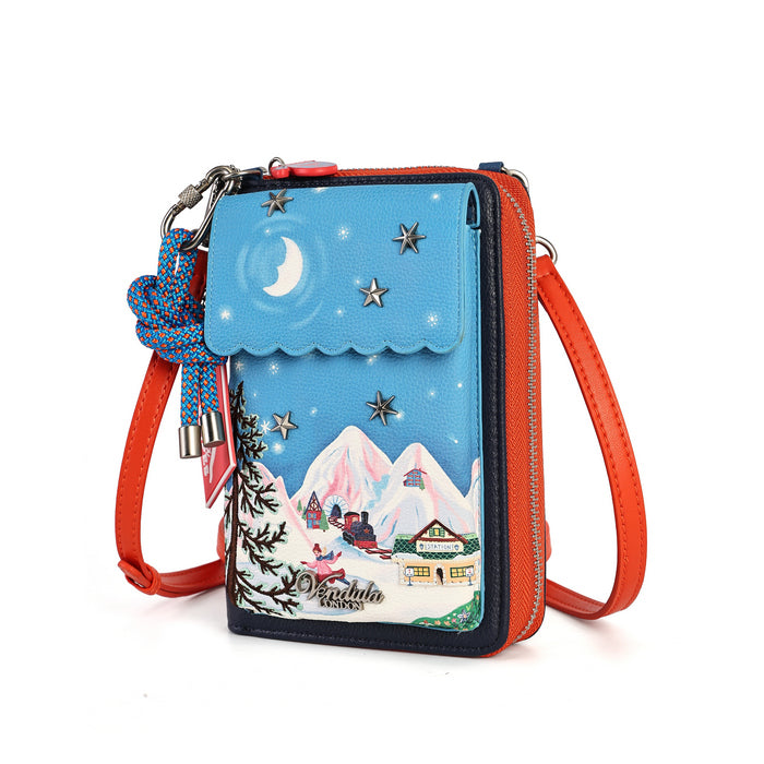 compact organiser with a front phone pocket, ziparound compartment, multiple internal pockets, mirror and detachable crossbody strap. Embroidery and appliqué add texture to artwork featuring snowy peaks, chalet scenes, gondolas and ski-route details.