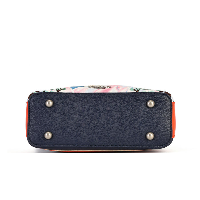 The bottom view of a handbag showing a navy blue pebbled leather base with silver metal studs, a colorful floral patterned fabric lining, and orange side trim, set against a plain white background.