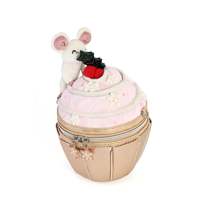 A festive Christmas-themed cupcake purse featuring a light pink frosting top with white snowflake embellishments, a red berry accent, and a small white mouse plush decoration, set against a plain white background.