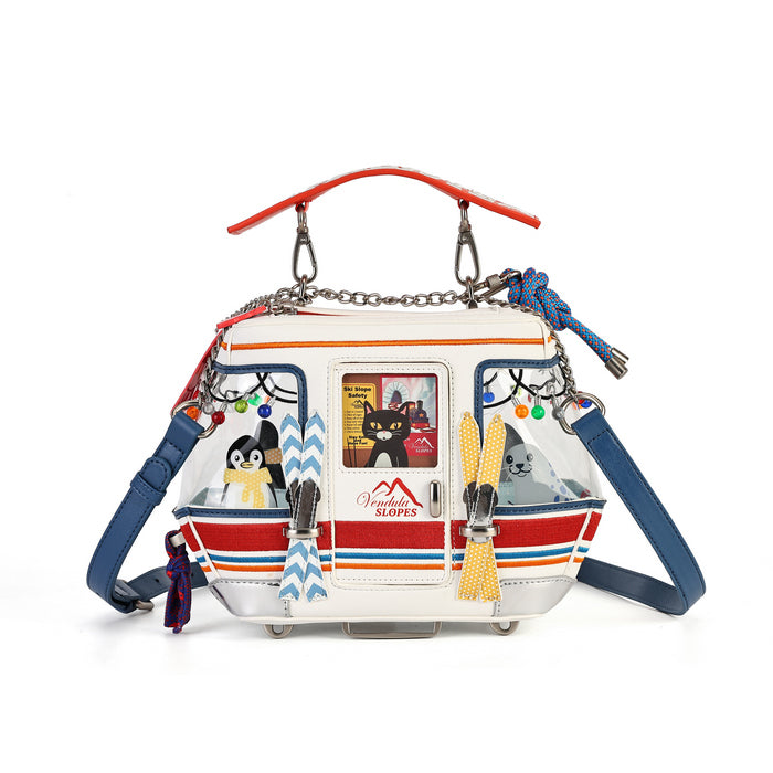 A white and red cable car handbag with cartoon penguin and cat characters in the windows, featuring blue straps, a red top handle, and a silver chain strap on a white background.