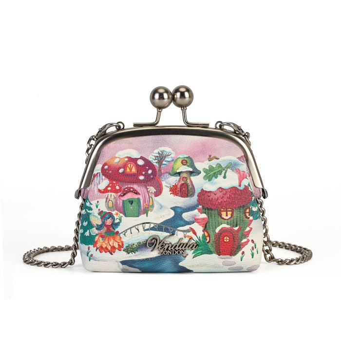 A compact clip-frame purse that can also be worn as a mini crossbody with the detachable chain strap. Embroidery, appliqué and internal card slots combine with snowy toadstool houses, fairy doors, winter trees, rabbits and snowflakes in a small but versatile design.