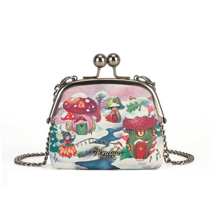 A compact clip-frame purse that can also be worn as a mini crossbody with the detachable chain strap. Embroidery, appliqué and internal card slots combine with snowy toadstool houses, fairy doors, winter trees, rabbits and snowflakes in a small but versatile design.