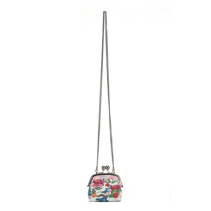 A compact clip-frame purse that can also be worn as a mini crossbody with the detachable chain strap. Embroidery, appliqué and internal card slots combine with snowy toadstool houses, fairy doors, winter trees, rabbits and snowflakes in a small but versatile design.