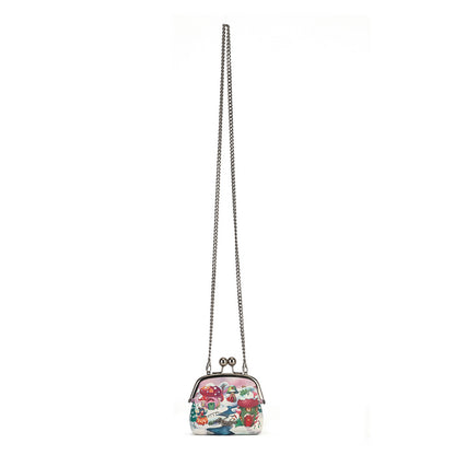A compact clip-frame purse that can also be worn as a mini crossbody with the detachable chain strap. Embroidery, appliqué and internal card slots combine with snowy toadstool houses, fairy doors, winter trees, rabbits and snowflakes in a small but versatile design.