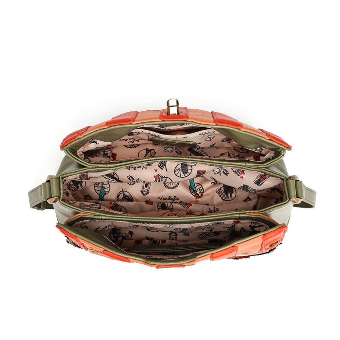 An open shoulder bag shown from a top-down view, featuring textured orange-brown leather trim, an olive green exterior, and a beige patterned lining with illustrations of vintage bicycles.
