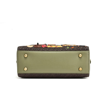 The bottom view of a handbag showing an olive green leather base, a dark brown textured patterned top, and gold-tone hardware studs.