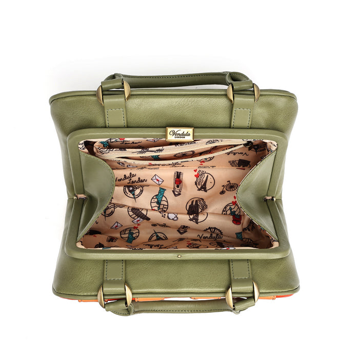 An olive green leather handbag shown open from a top-down view, featuring a beige patterned interior lining with travel-themed illustrations and a small gold-tone brand plaque.