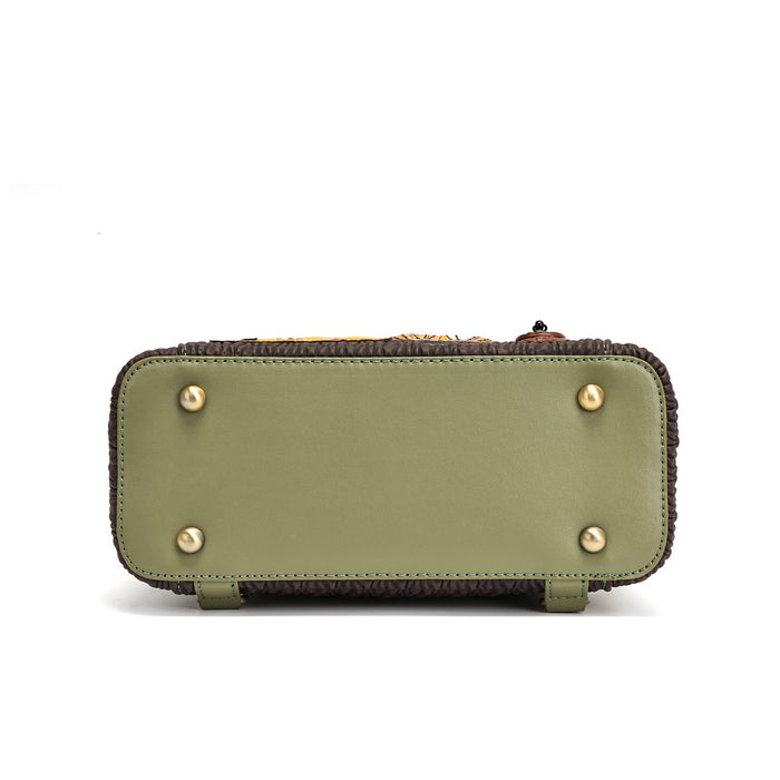 The bottom view of a Louis Vuitton shoulder bag in olive green leather with gold-tone studs and a dark brown fringed trim, shown on a white background.