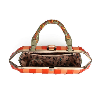 An open handbag with a bright orange and peach striped exterior, a patterned olive green handle, and a brown patterned interior, shown against a plain white background.