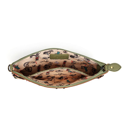 An open zippered pouch or clutch shown from above on a white background, featuring a beige interior printed with small illustrated motifs and an olive green zipper and trim.