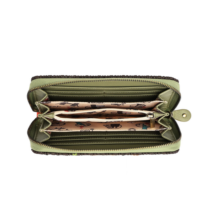 An open olive green zip-around wallet with multiple card slots and a patterned paper insert, shown against a plain white background.