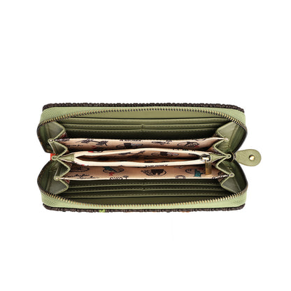 An open olive green zip-around wallet with multiple card slots and a patterned paper insert, shown against a plain white background.