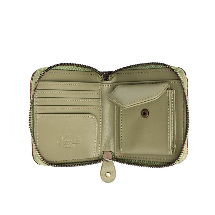 An open zip-around wallet shown from the inside, featuring an olive green leather interior with card slots, a pocket flap, and a snap button closure. The brand name 'Vachetta' is subtly embossed on the lower left pocket.