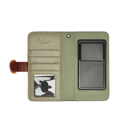 An open sage green leather wallet case with multiple card slots, a clear ID window, and a brown leather strap with a decorative orange tip, shown on a white background.