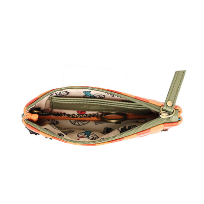 An open zippered pouch or coin purse with a multicolor patterned exterior, olive green interior lining, and a matching olive green zipper pull, shown on a plain white background.