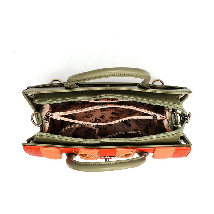An open top-down view of a structured handbag in olive green leather with bright orange leather trim and a patterned brown interior lining, shown on a white background.