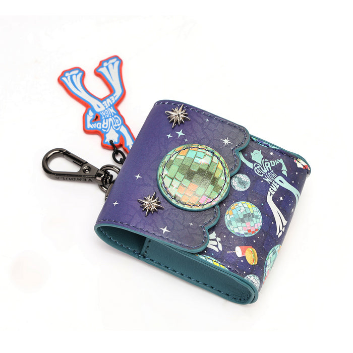 A small zip wallet with a disco ball and space theme, featuring a purple front flap with a large holographic disco ball patch, white star details, and a skeleton astronaut design on the side. It is attached to a silver clasp and a blue-and-red keychain charm, shown on a plain white background.