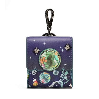 A small zip-around wallet with a black carabiner clip, decorated with a disco ball theme. The wallet features a dark purple top flap with a large iridescent disco ball, silver star accents, and a dark blue lower section with smaller disco balls, stars, and white script text reading 'Dancing Nights Ever.