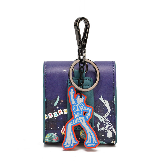 A small zip-around keychain wallet in purple and dark blue with a space-themed print, featuring a black carabiner clasp and a dangling blue, orange, and white 'Cowboy Nights' character charm on a white background.
