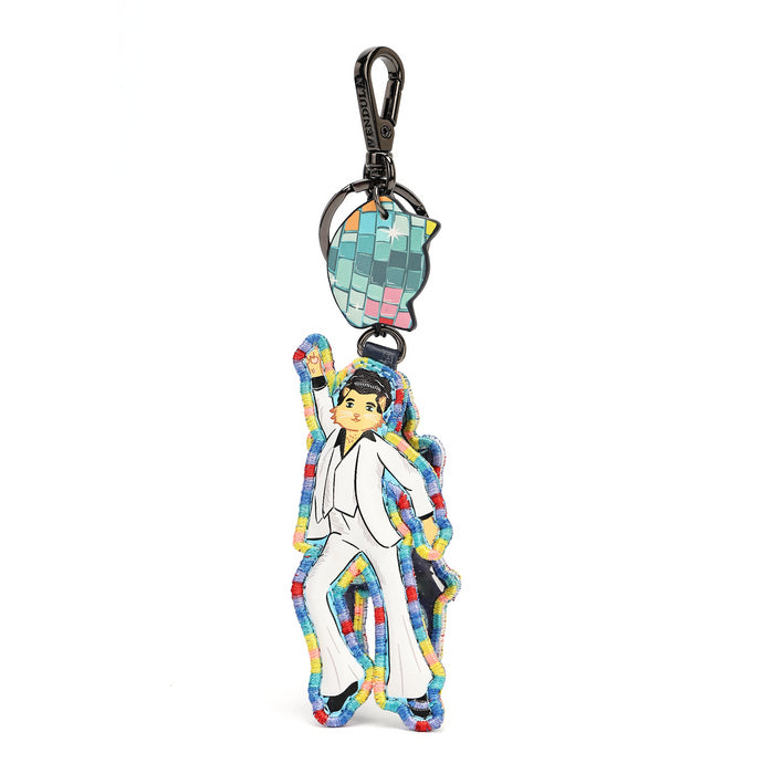 A character-shaped keychain featuring an anime-style figure in a white outfit with a colorful mosaic border, attached to a black carabiner and a matching mosaic key ring on a plain white background.