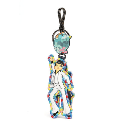A character-shaped keychain featuring an anime-style figure in a white outfit with a colorful mosaic border, attached to a black carabiner and a matching mosaic key ring on a plain white background.
