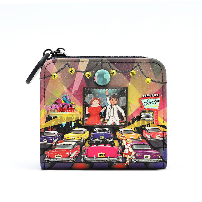 A zip-around coin purse featuring a colorful retro 1960s car scene illustration with classic cars, a stage, and neon signs, shown on a plain white background.