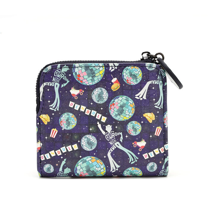 A zippered pouch featuring a colorful retro disco ball pattern on a dark purple space background, with a black zipper and pull tab, shown on a plain white background.