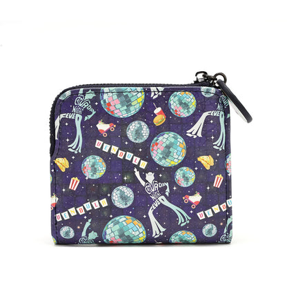 A zippered pouch featuring a colorful retro disco ball pattern on a dark purple space background, with a black zipper and pull tab, shown on a plain white background.