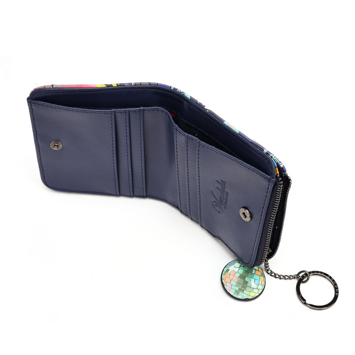 A navy blue leather wallet shown open, featuring card slots, a zipper pocket, and a dangling disco ball keychain charm on a white background.