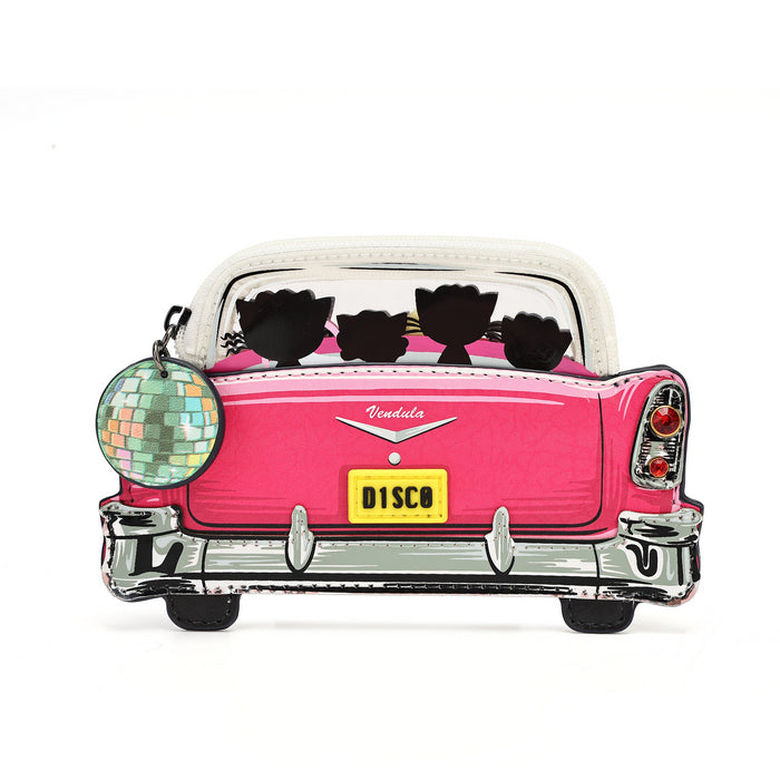 A novelty clutch bag shaped like the back of a pink vintage car, featuring a white convertible top, black cat silhouettes in the windows, a yellow license plate reading 'DISCO', and a round multicolor disco ball charm on the left side, set against a plain white background.