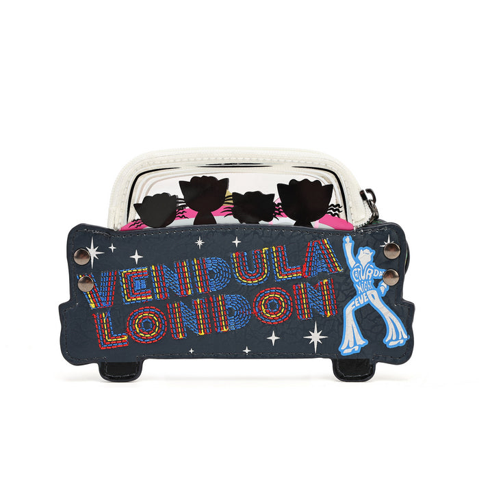 A novelty coin purse designed to look like a black London cab, featuring 'VENDIDA LONDON' in colorful embroidered-style lettering, a blue neon sign of a person, and black cat silhouettes peeking out from behind a clear window.