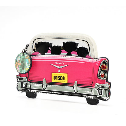 A novelty coin purse shaped like the back of a pink vintage car, featuring a yellow license plate reading 'DISCO', black flower silhouettes on the window, chrome details, and a small disco ball accessory on the left side, shown on a white background.
