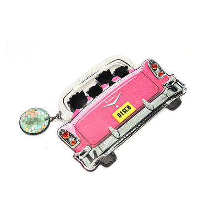 A pink car-shaped coin purse with a yellow 'DISCO' license plate, black sunglasses, and a dangling round disco ball charm, shown on a plain white background.
